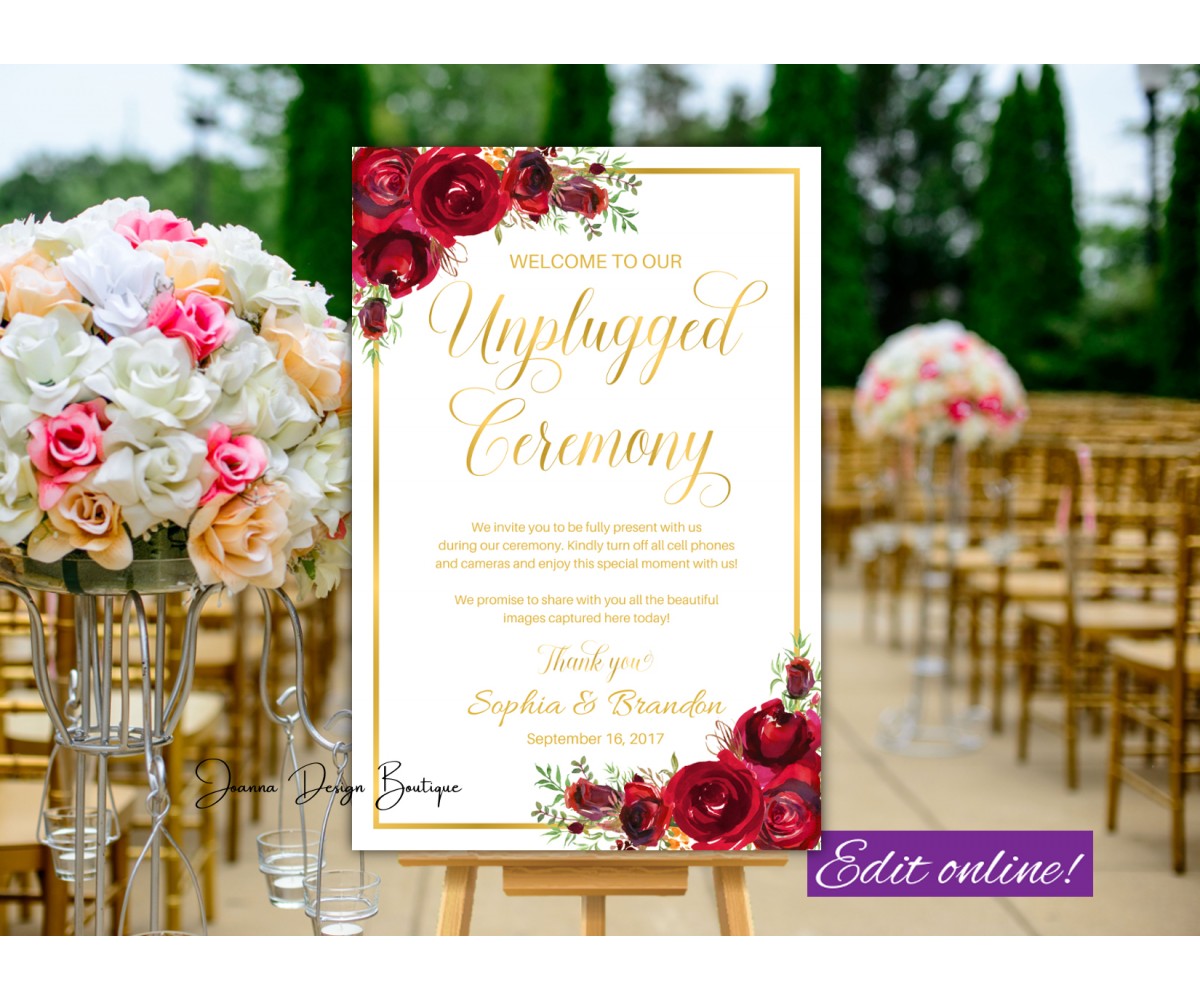 Red Roses Unplugged Ceremony sign,Gold Unplugged Wedding sign,(16w)